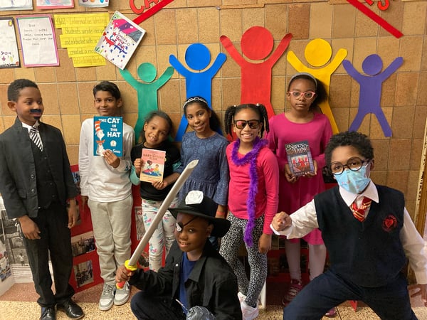 students dressed as characters from books